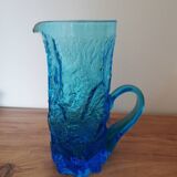 Blue Glass Pitcher with Bark Effect and Bumpy Texture, Geoffrey Baxter or Ingrid Glasshütte, 1960s-70s