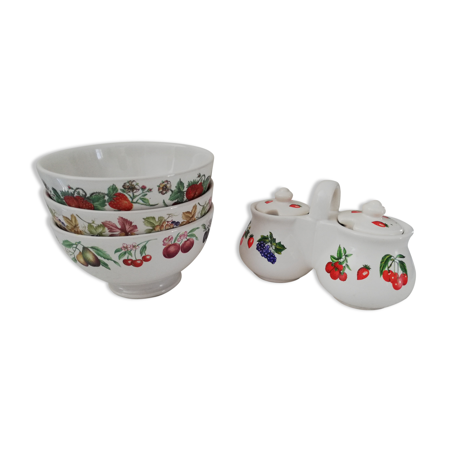 Set 3 large bowls and their sugar bowl, jam maker