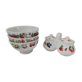 Set 3 large bowls and their sugar bowl, jam maker