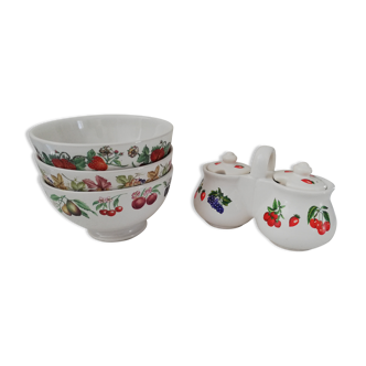 Set 3 large bowls and their sugar bowl, jam maker
