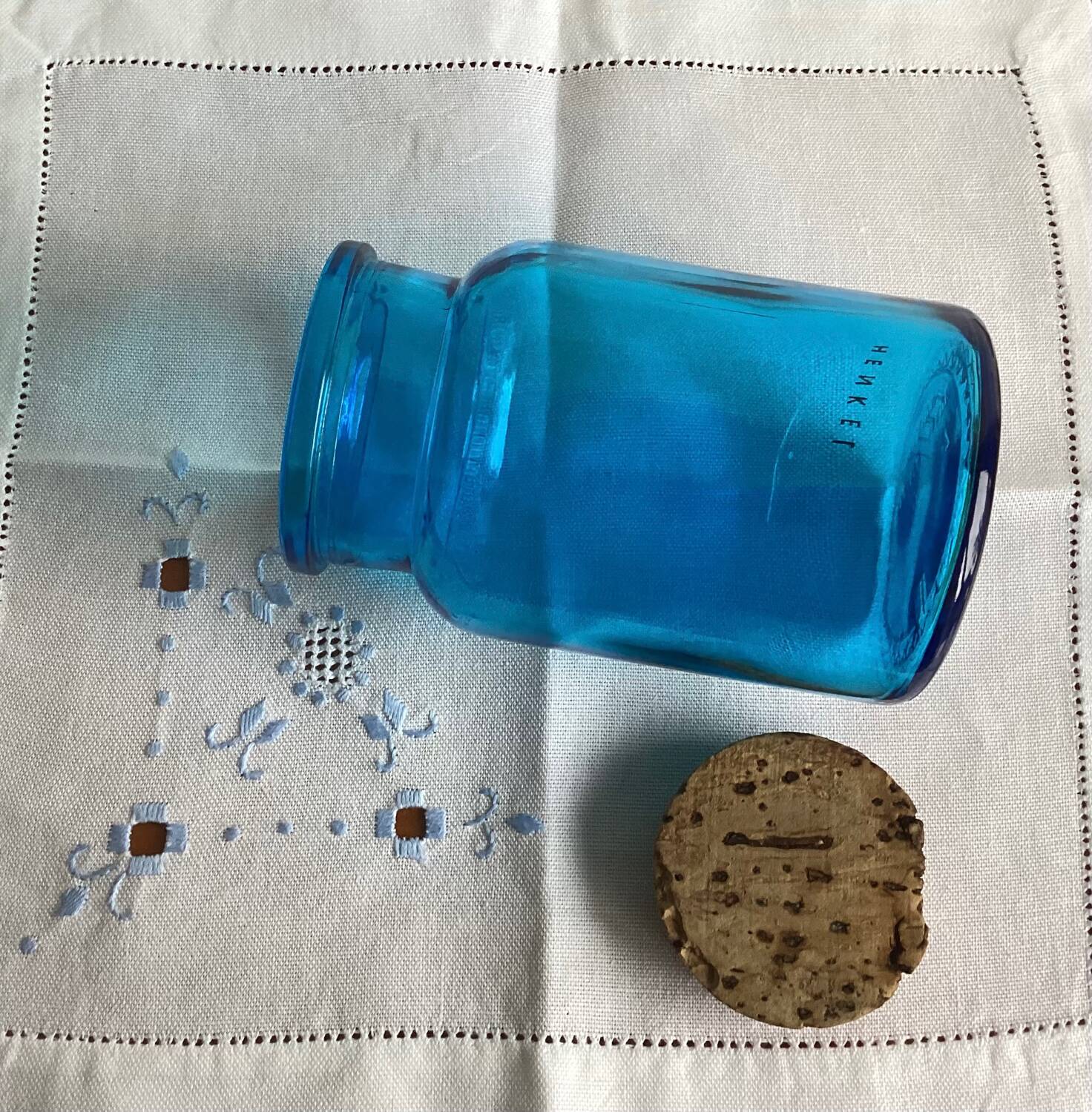 Blue glass jar with Henkel cork stopper - vintage
