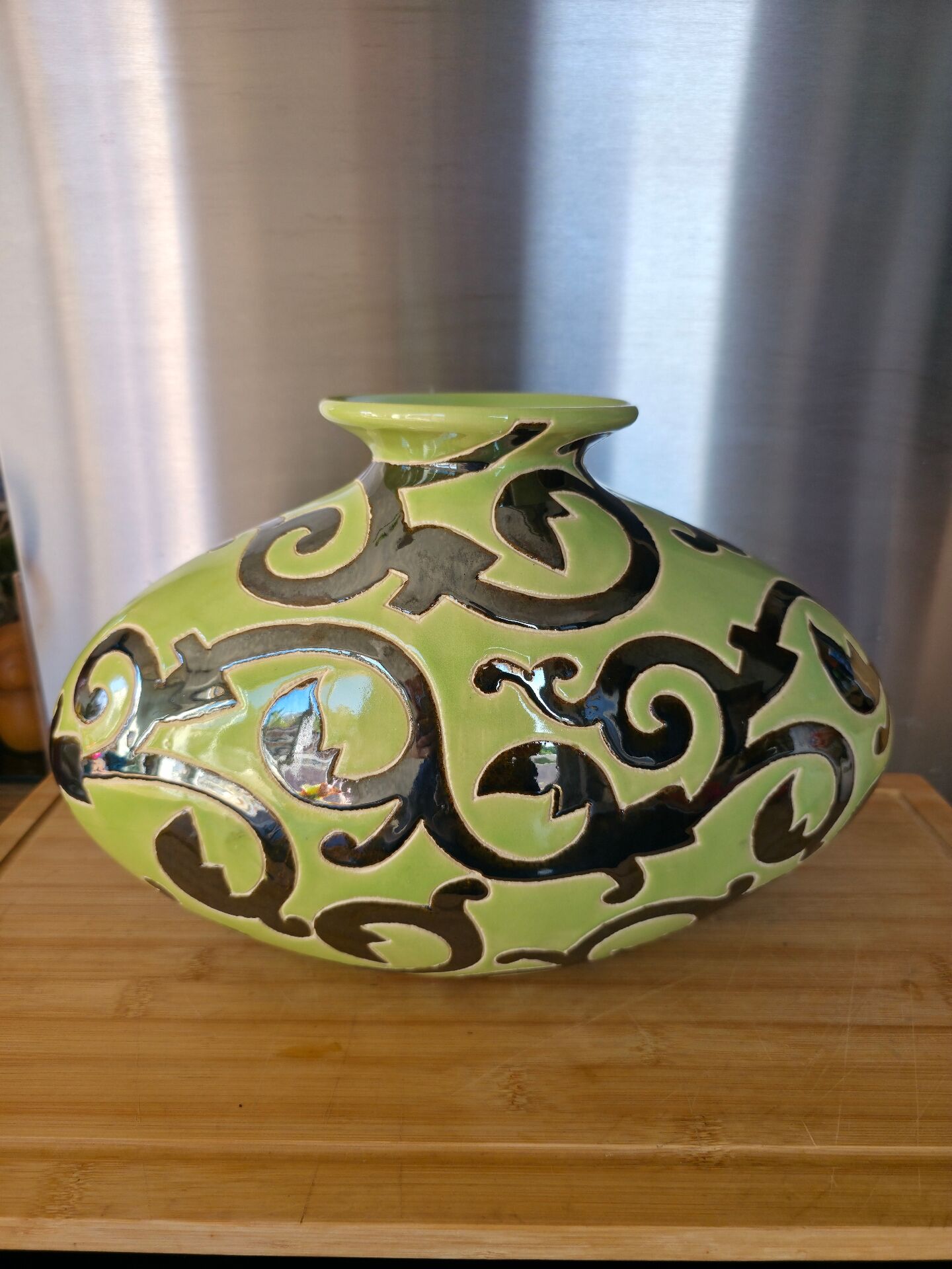 Vintage ceramic pebble vase green & black 35 cm