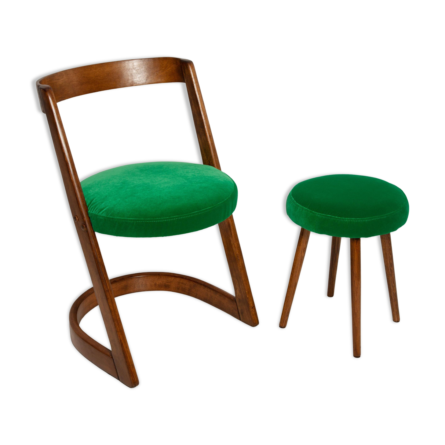 Chaise et tabouret Halfa en velours vert milieu du siècle, Baumann, France, années 1970