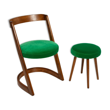 Halfa chair and stool in green velvet, Baumann, France, 1970s.