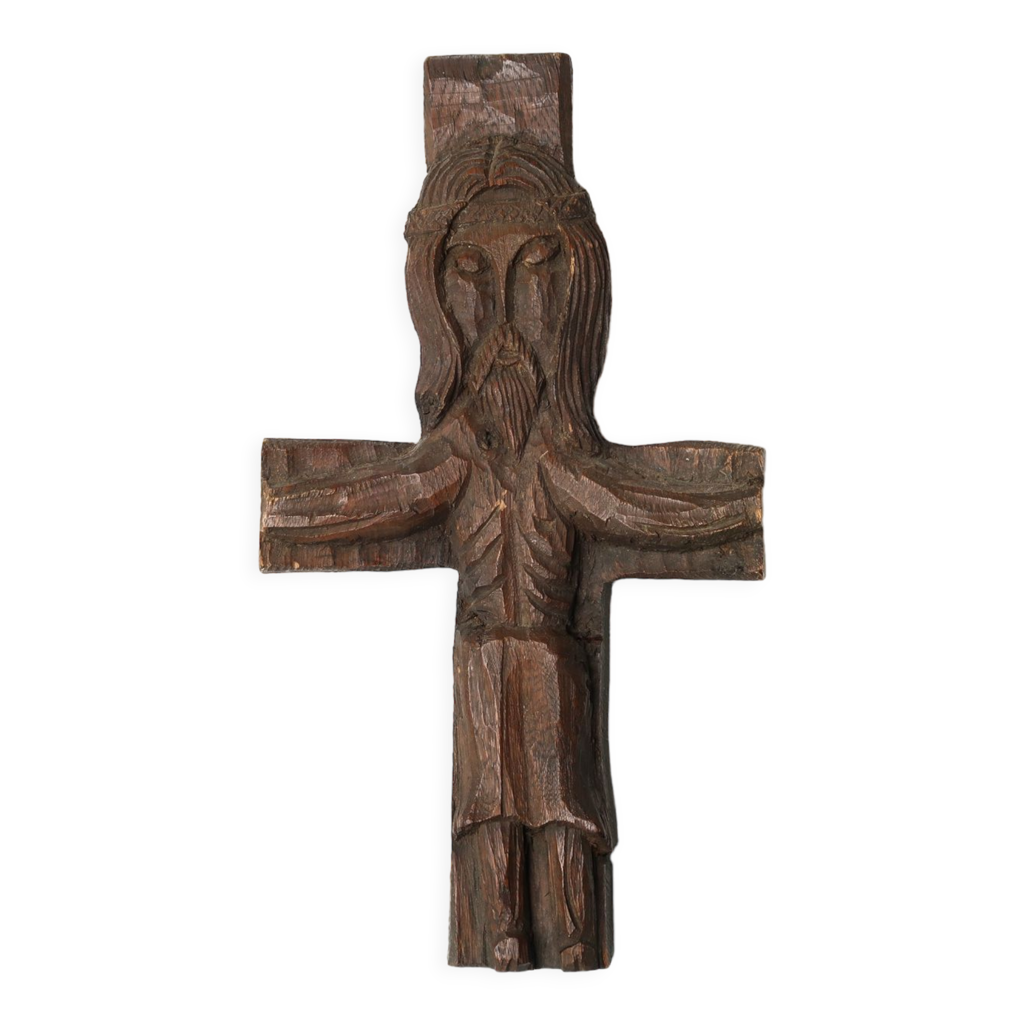 Crucifix mural art populaire sculpté dans le bois