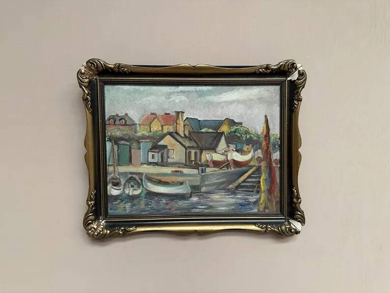Original Swedish Oil on Panel – “Village and Harbour” by G. Fogler – Signed – Vintage & Framed – 49 × 39 cm (19.2" × 15.3")