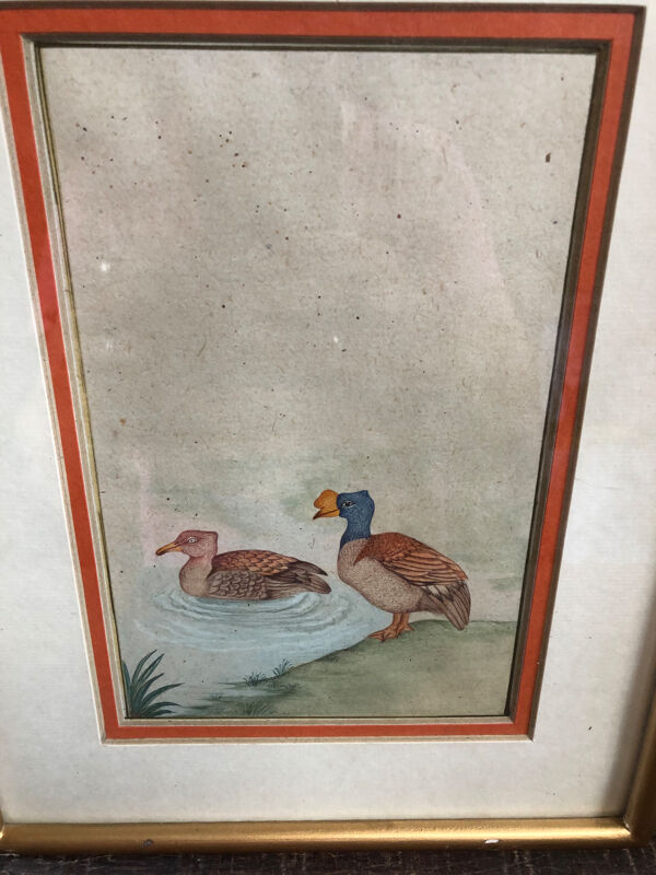 Ancien tableau dessin aquarelle vue canards + cadre doré vintage