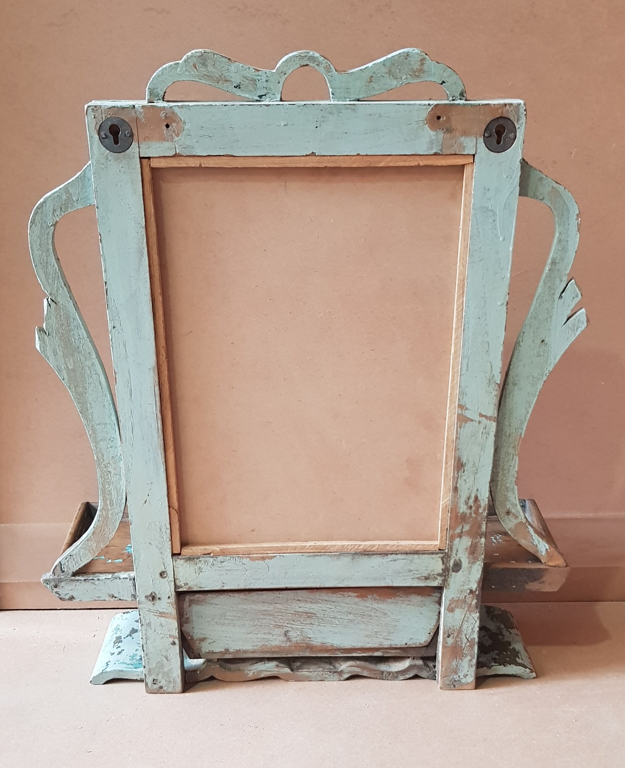 Mirror - Burmese Teak Art Deco wall shelf with original blue patina