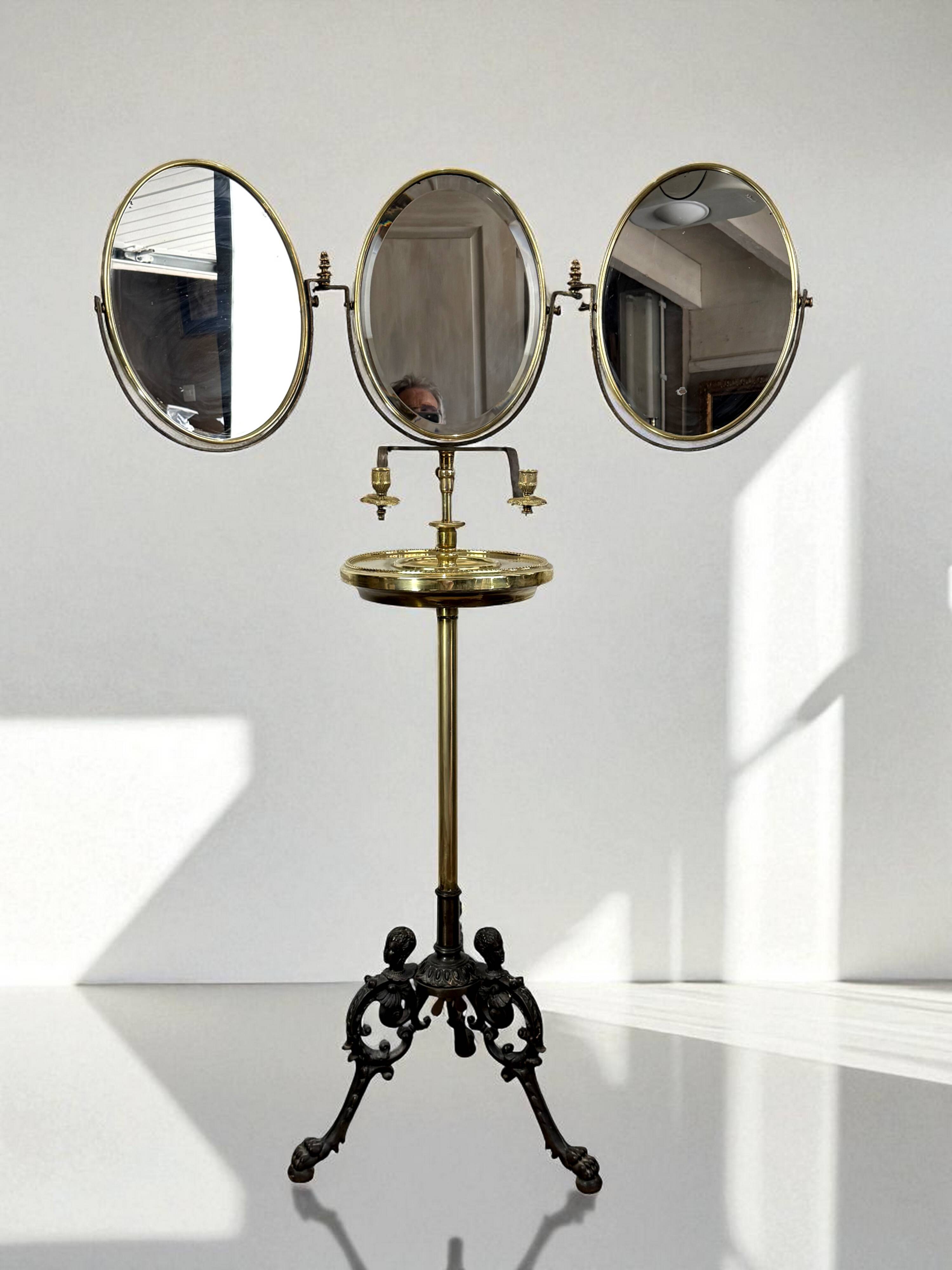 Miroir triptyque de barbier en laiton epoque napoleon iii réglable en haute