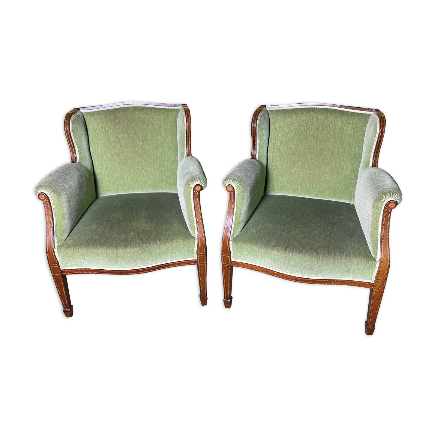 Pair of English armchairs green velvet