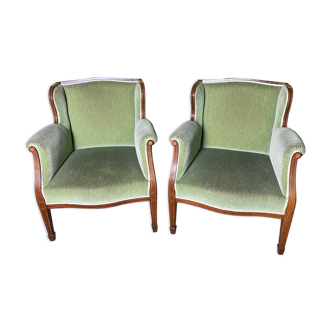 Paire de fauteuils anglais velours vert