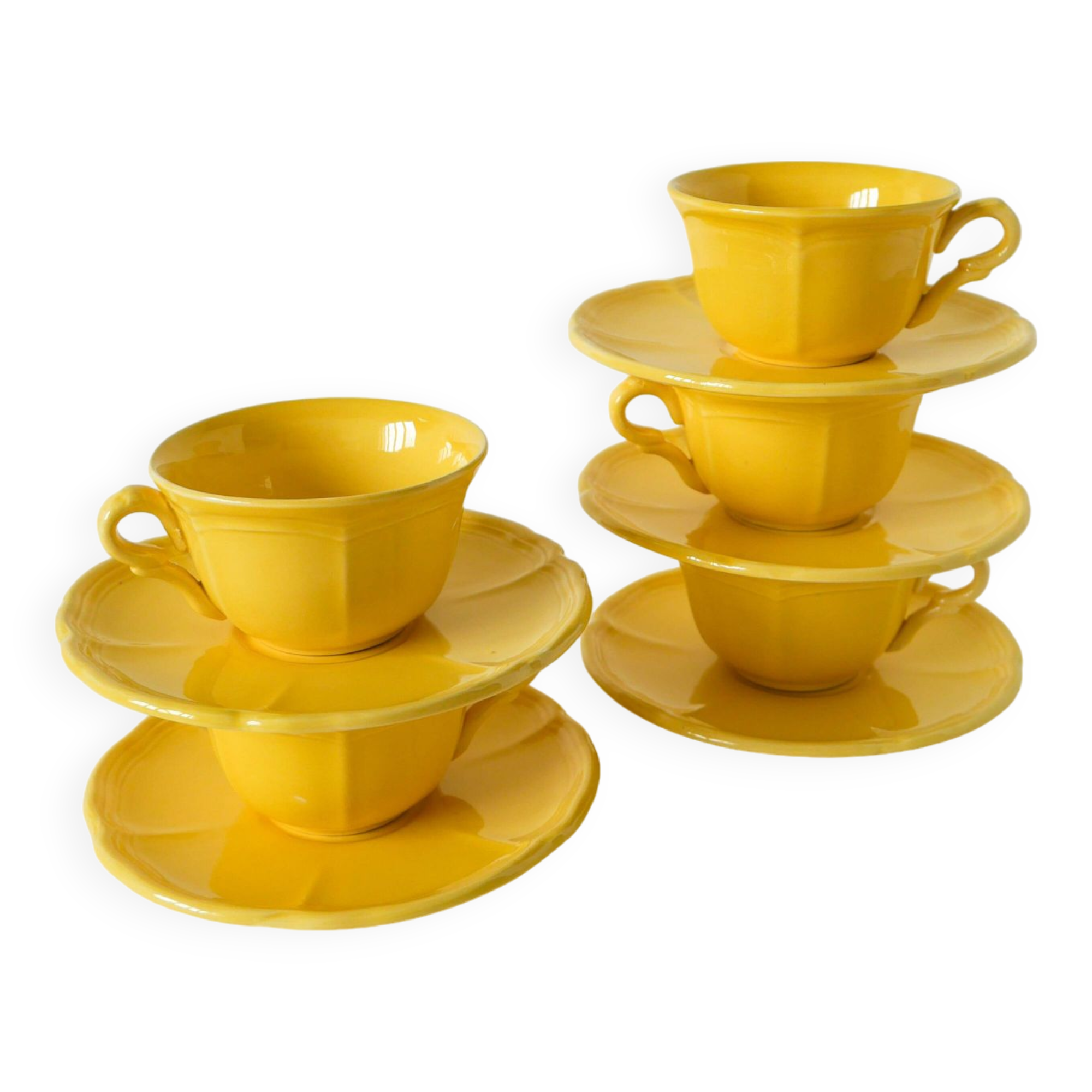 Set of 5 Badonviller lemon yellow cups and saucers, 1960
