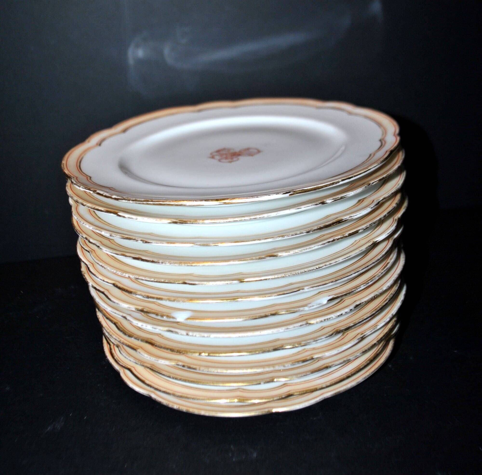 Paris porcelain set of 12 plates, dish and sauce boat, antique tableware with monogram BA.