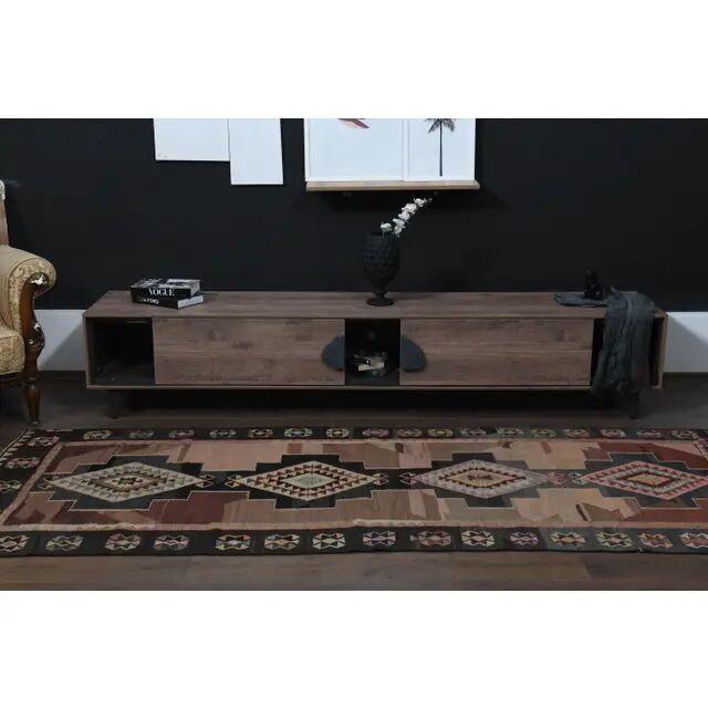 70's Brown Turkish Oushak Handmade Wool Geometric Motif Runner Rug 123x293