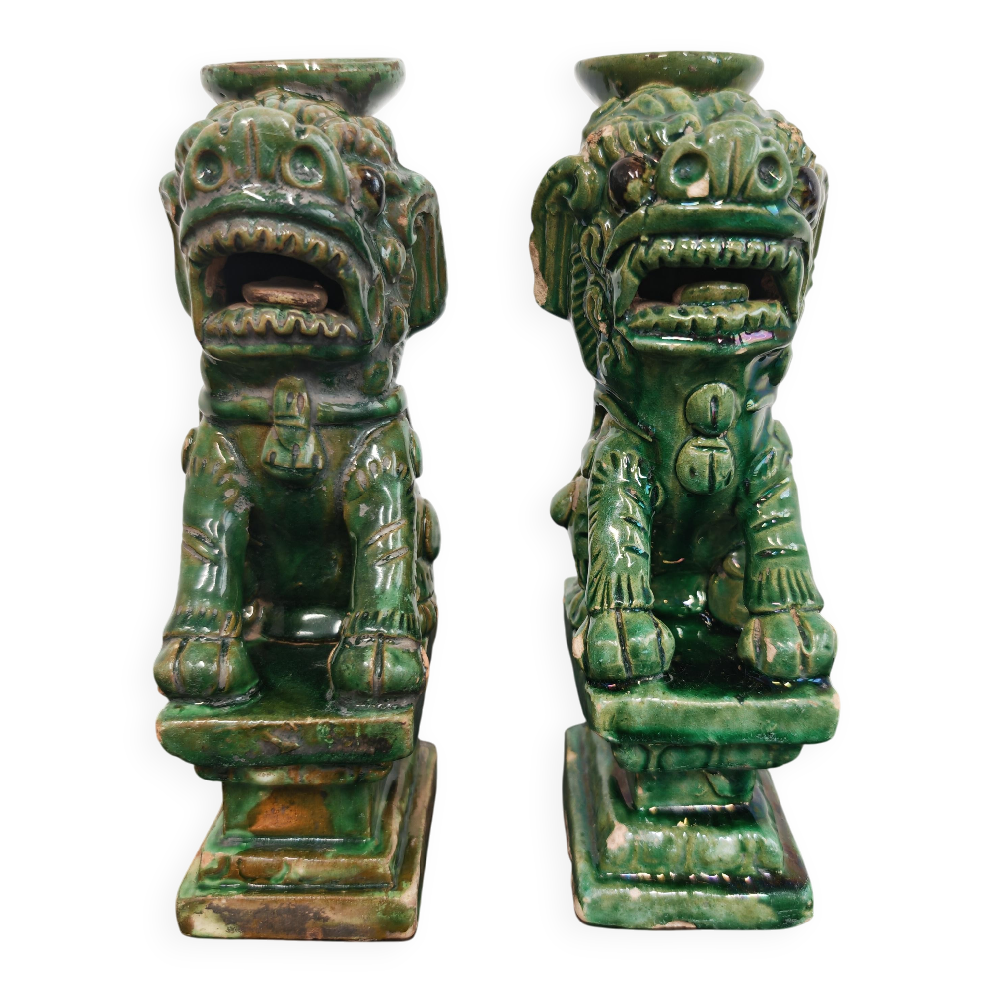 Pair of Foo Dog candle holders in ceramic, China 19th century