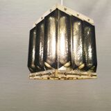 Old Swedish lamp made of metal and smoked solid glass pieces.