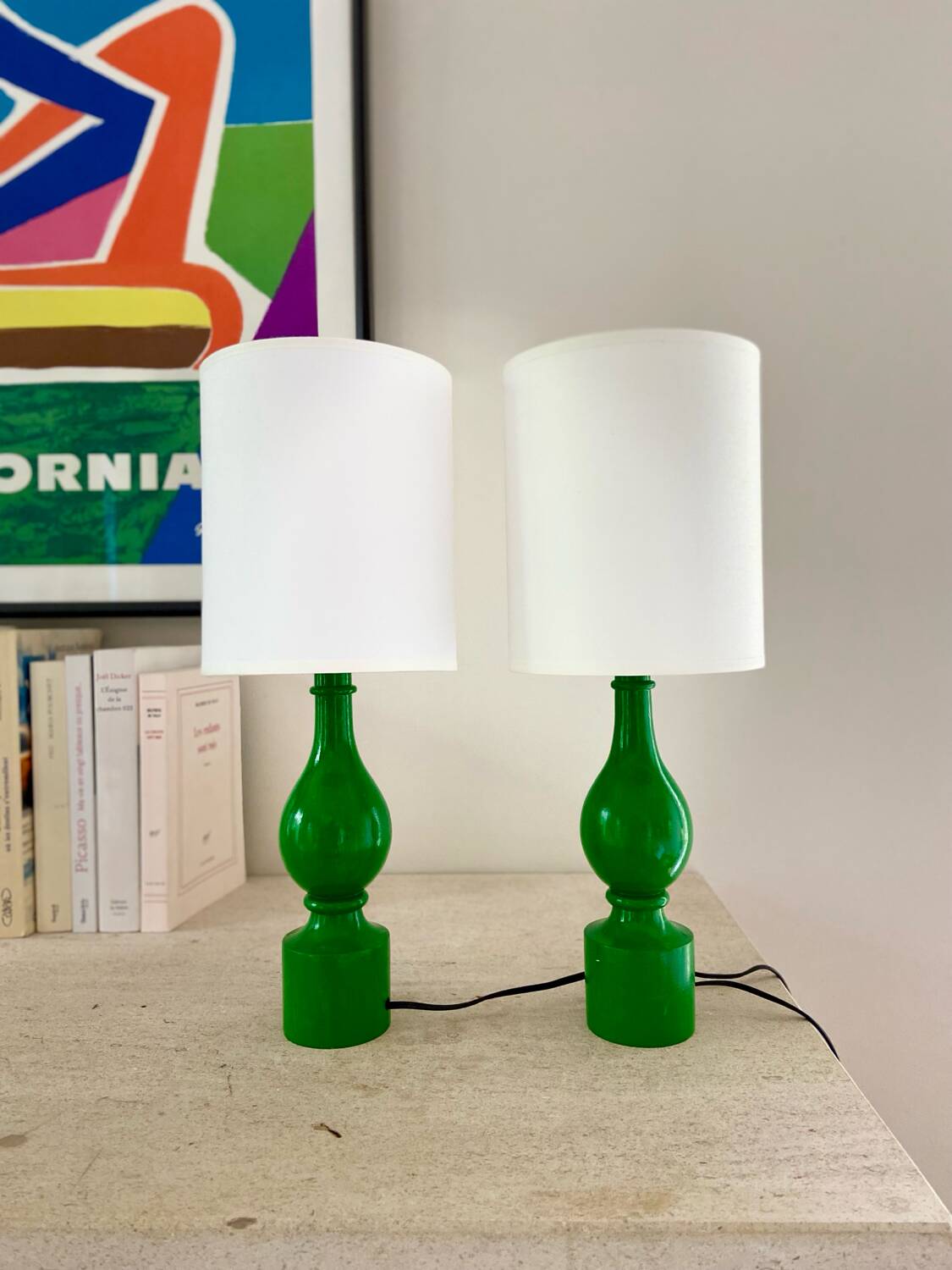 Pair of Philippe Capelle green turned wood bedside lamps - 1970.