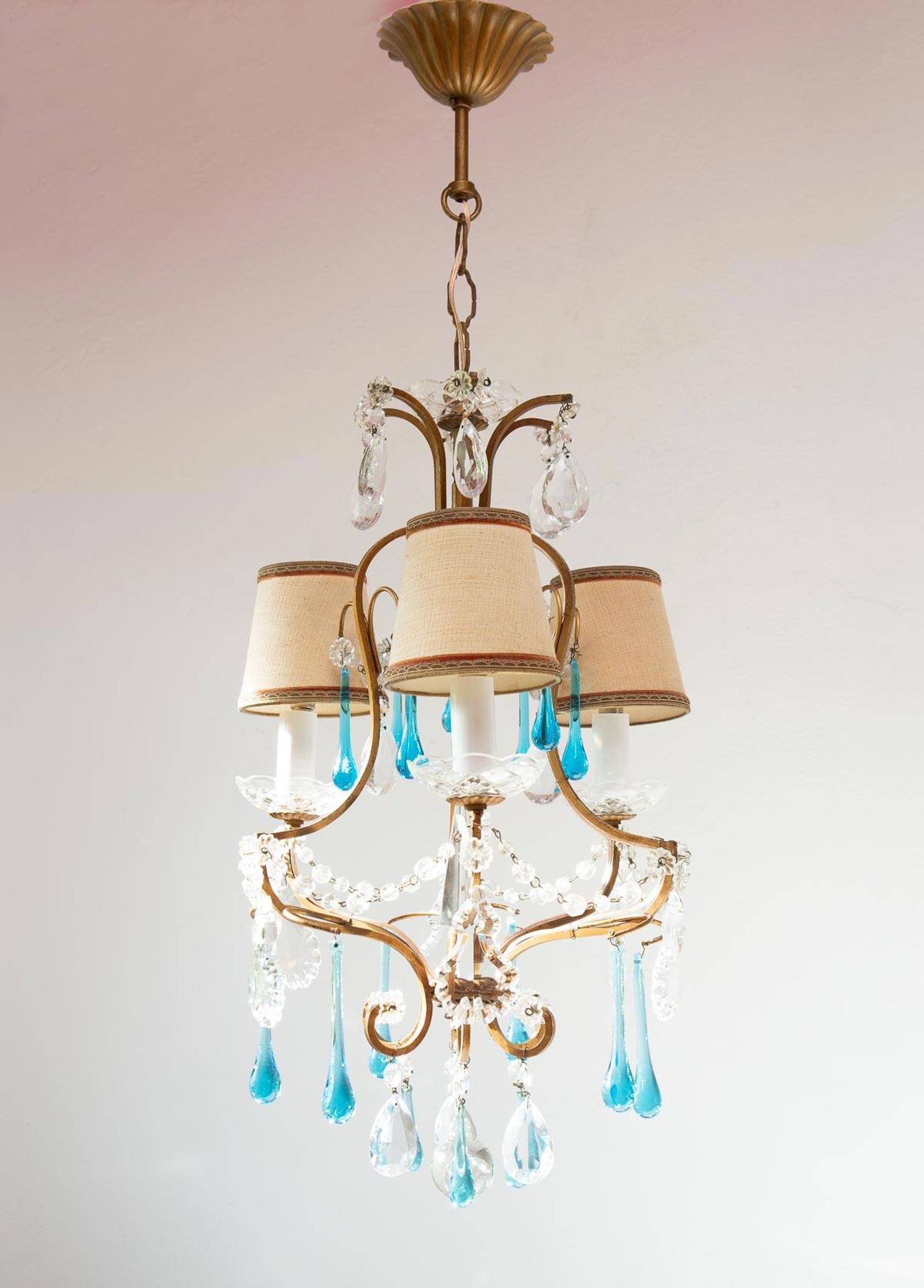 Italian chandelier in gold metal cage with blue drops circa 1960
