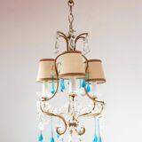 Lustre Italien cage metal doré gouttes bleues vers 1960