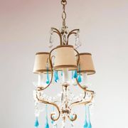 Italian chandelier in gold metal cage with blue drops circa 1960