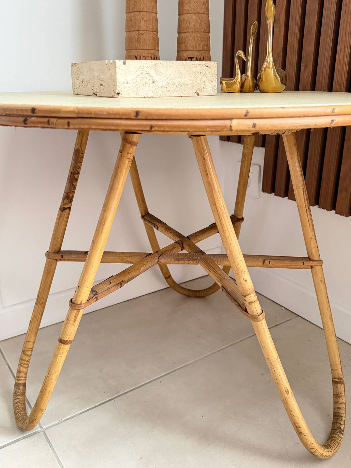 Vintage round tripod side table in rattan