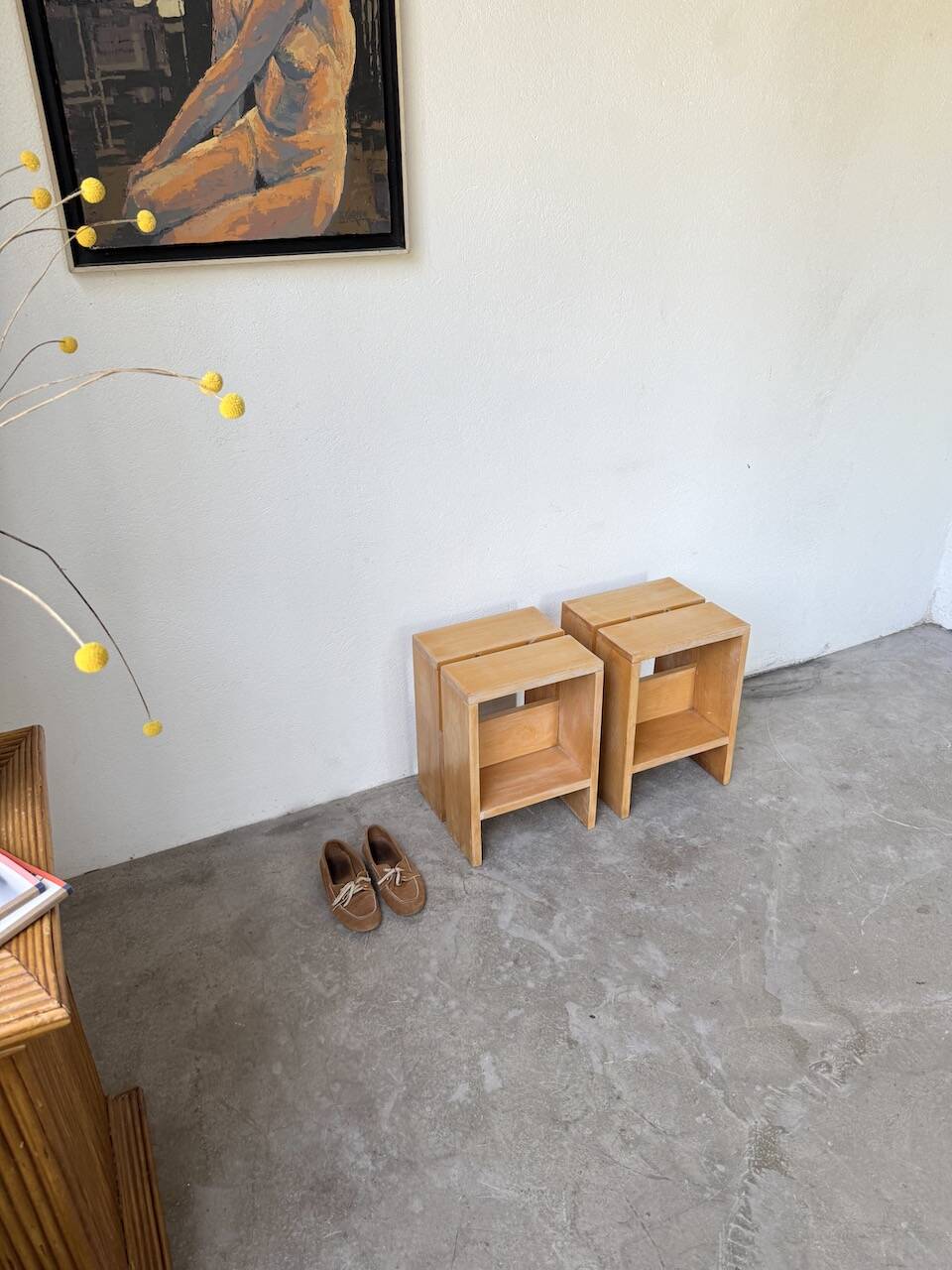 Pair of pine stools or bedside tables, mountain furniture, 1950s