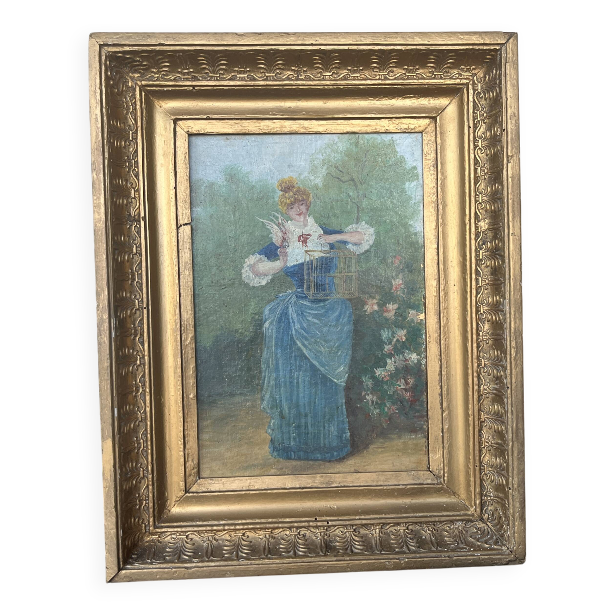 Antique tableau from the 19th century – Genre scene with the lady and the bird.