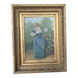 Antique tableau from the 19th century – Genre scene with the lady and the bird.