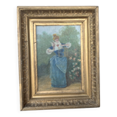 Antique tableau from the 19th century – Genre scene with the lady and the bird.