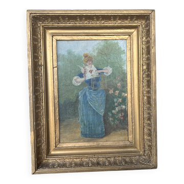 Antique tableau from the 19th century – Genre scene with the lady and the bird.