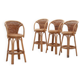 Swivel French bar stools in bohemian style with bamboo frame