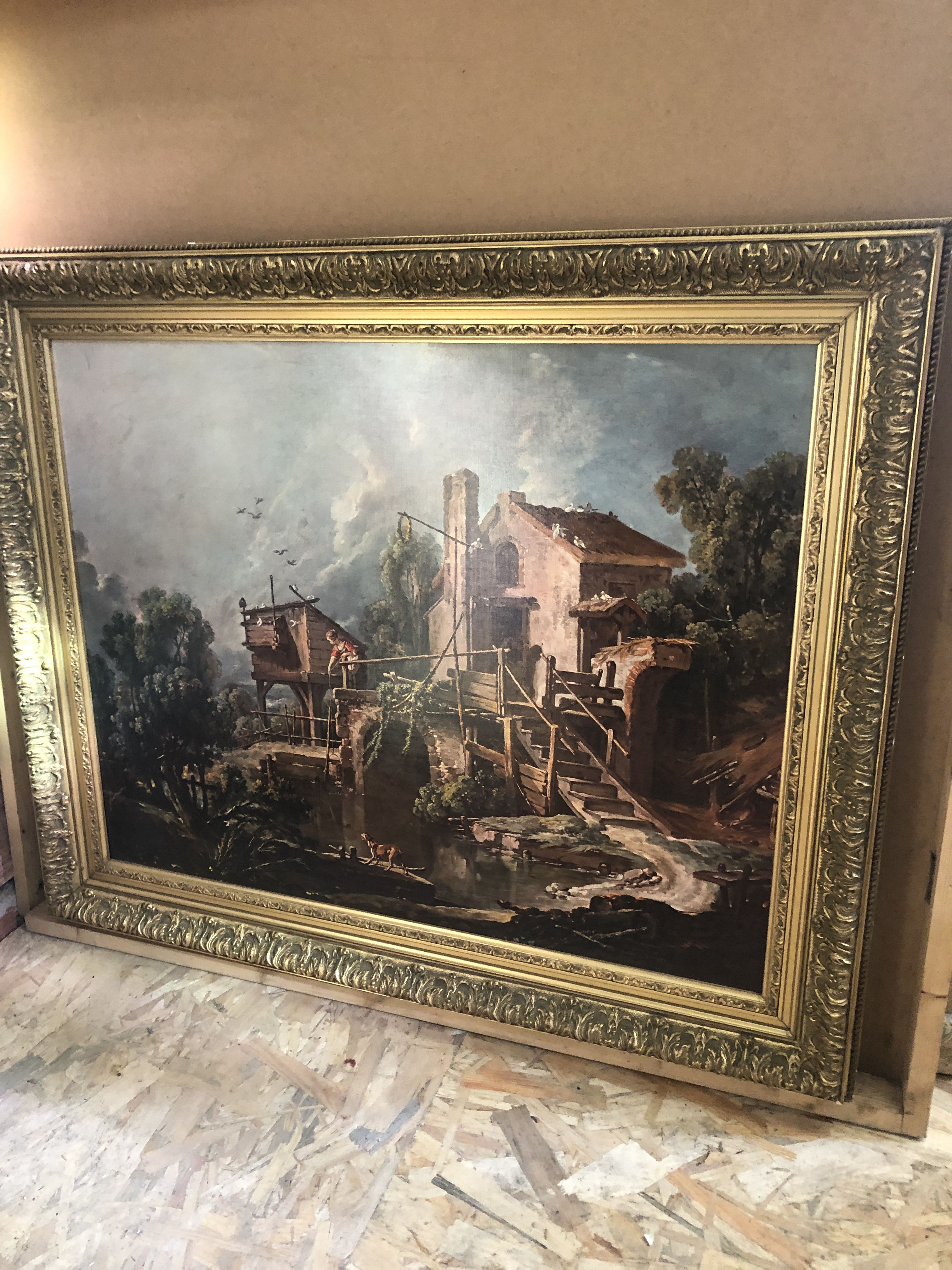 Old painting print on canvas + frame carved wood Gilded Vintage