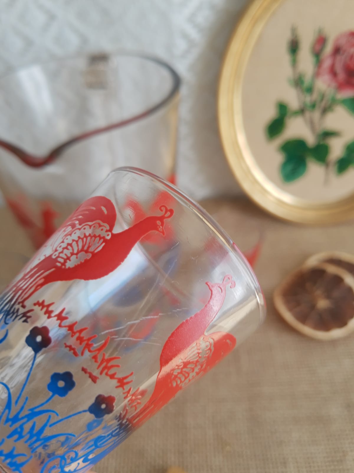 Pitcher and 6 vintage peacock liqueur glasses