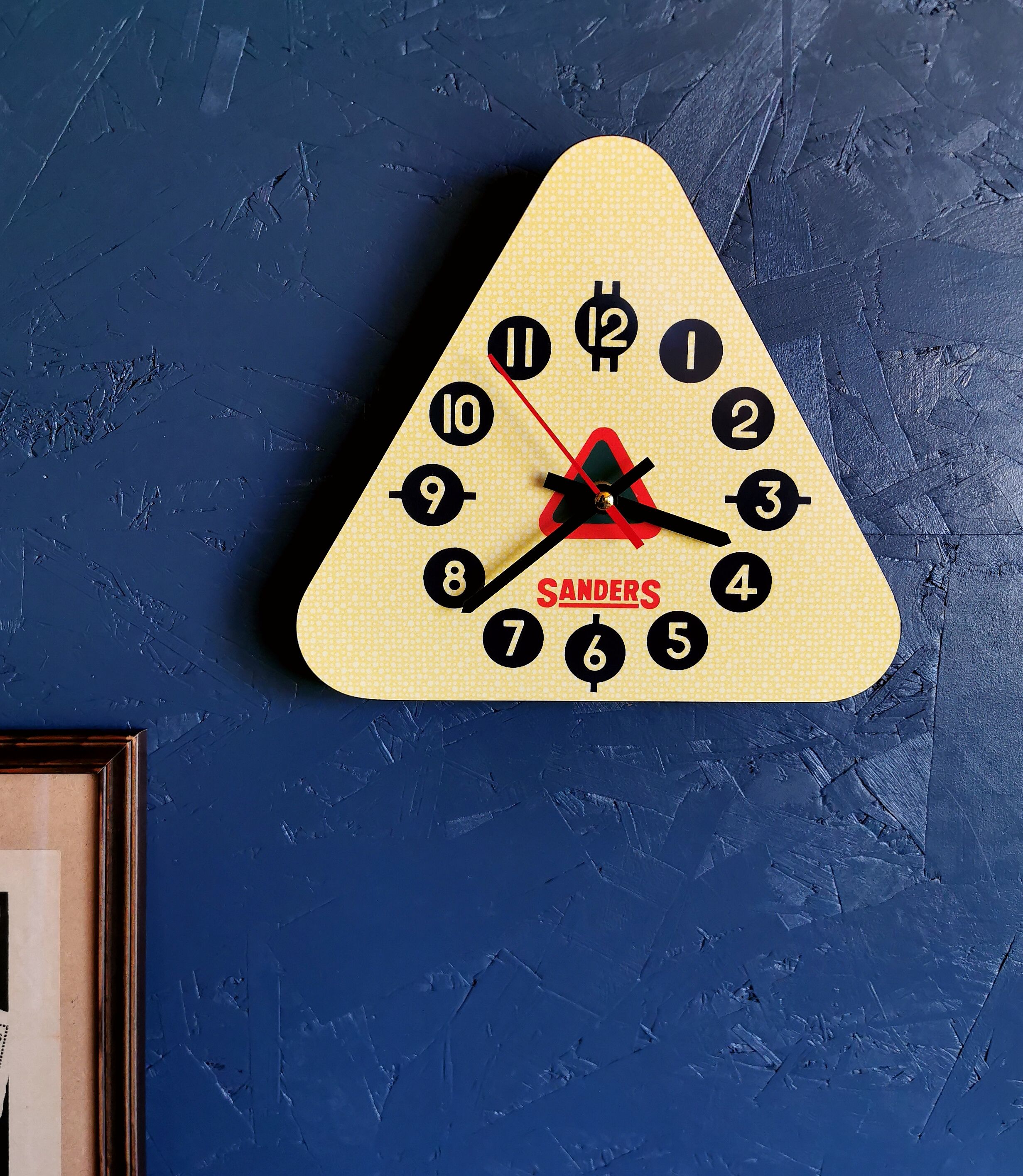 Vintage formica clock triangular silent wall clock "Sanders yellow"