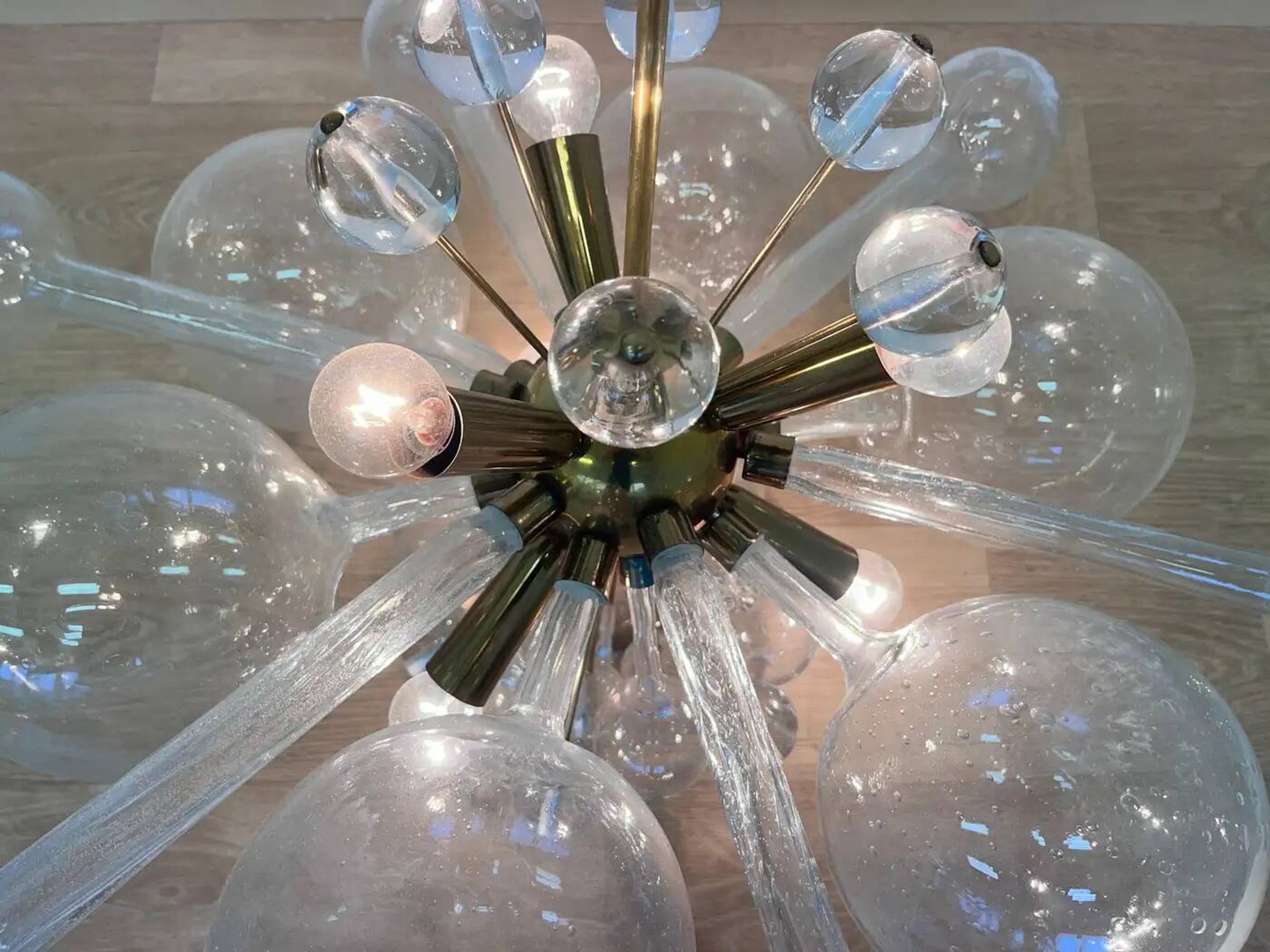 Design art glass and brass chandelier by Rene Roubicek, Czechoslovakia, 1960s
