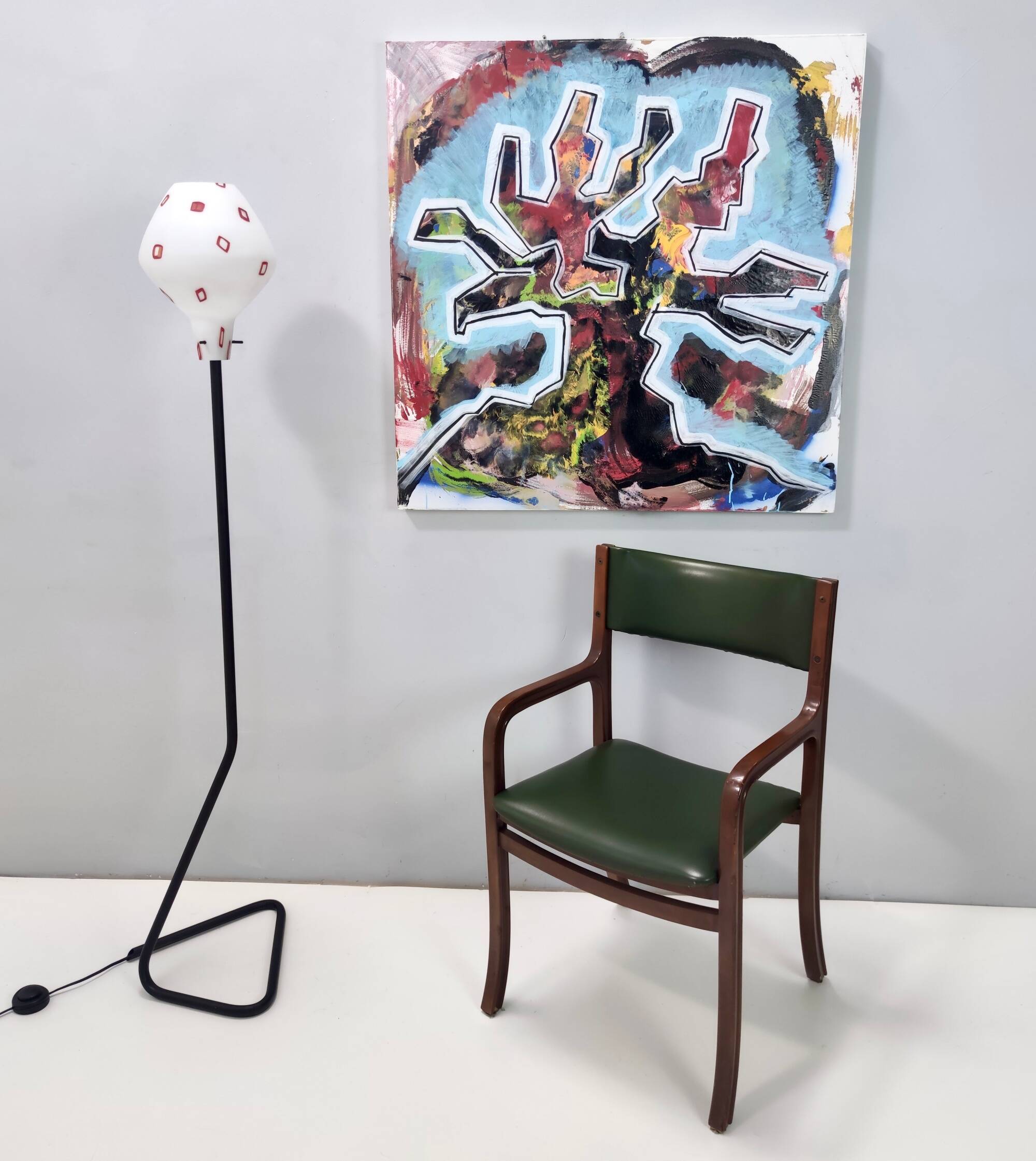 Floor Lamp with Vintage Encased Glass Shade with Red Geometrical Motifs, Italy