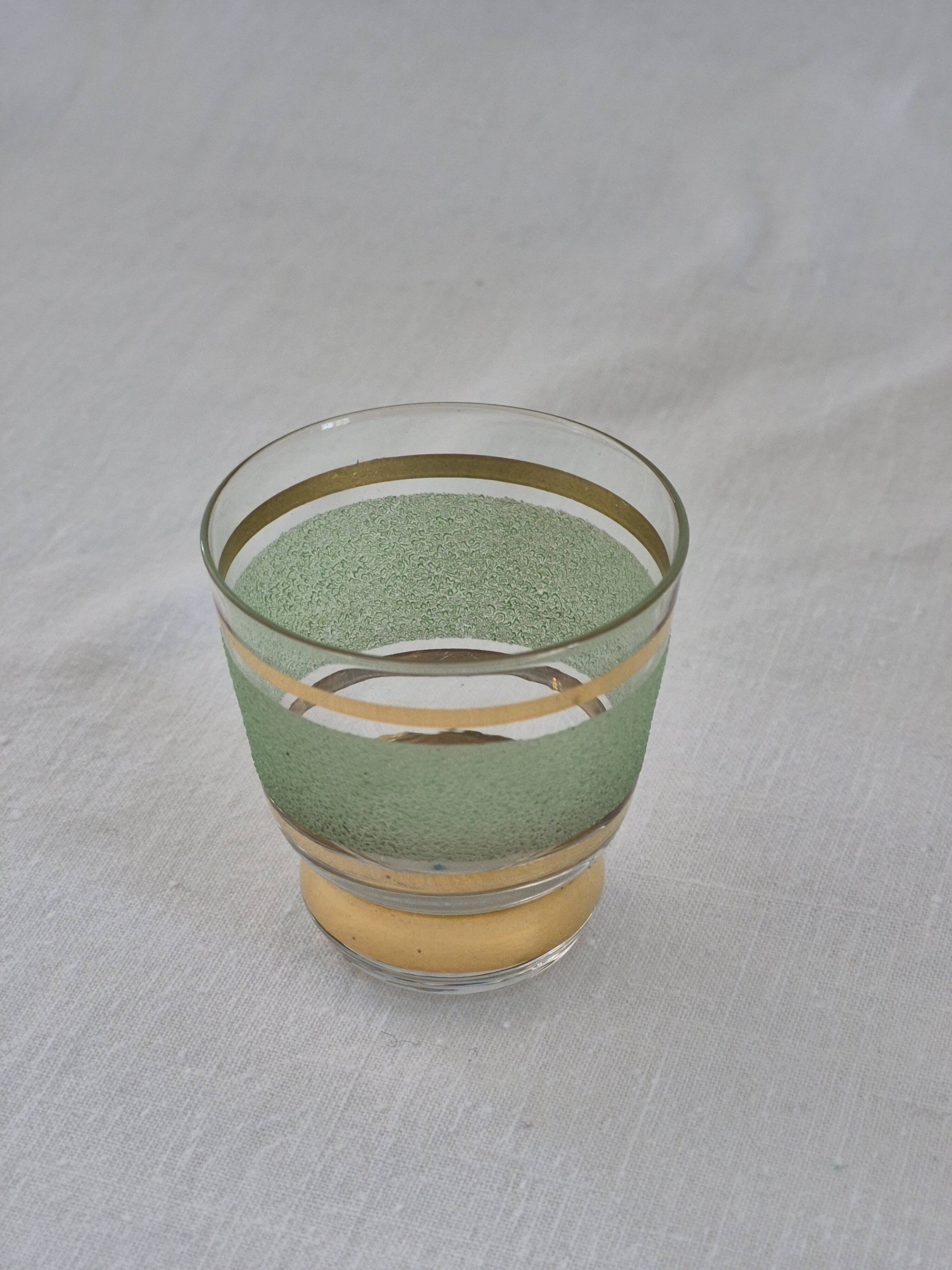 Vintage liqueur service in frosted celadon and gold glass – 1950s