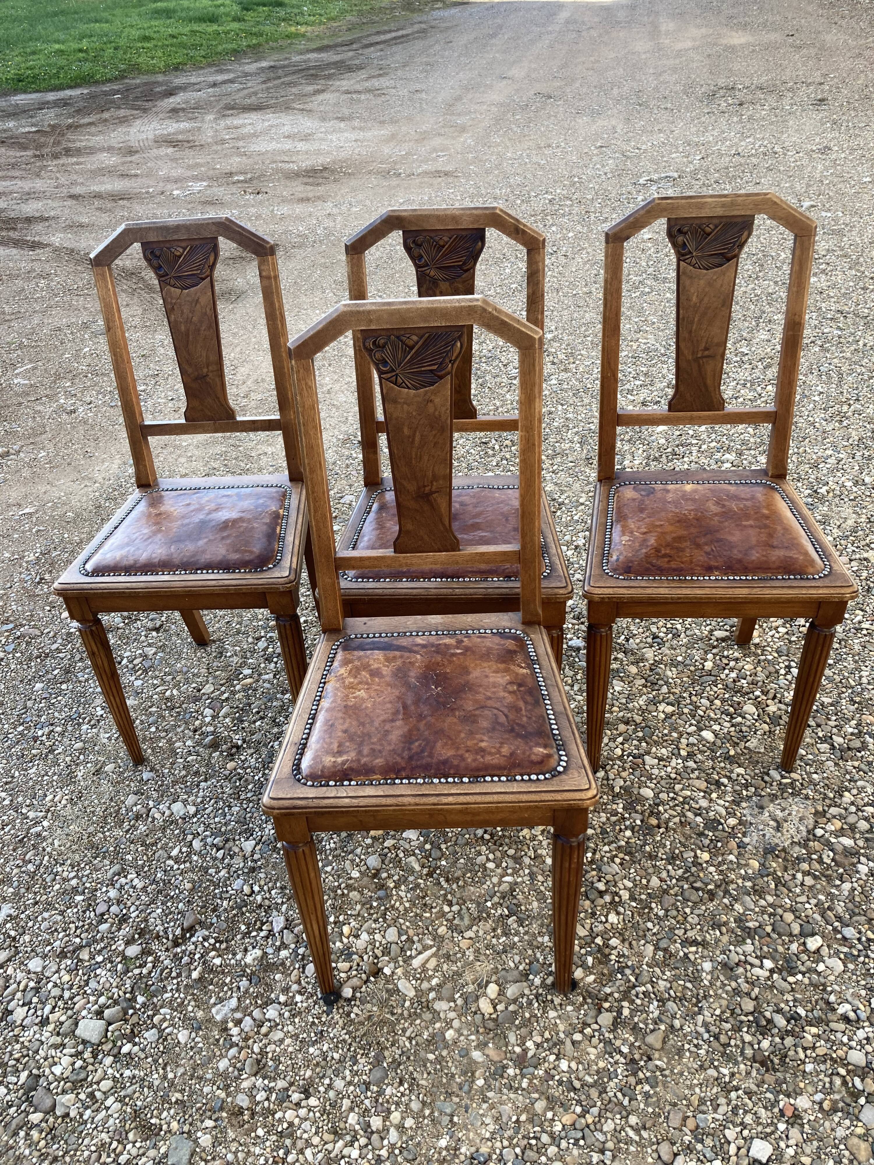 4 chaises art déco assise cuir