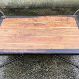 Large coffee table, wood and wrought iron, industrial spirit, vintage, 80s
