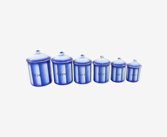 Serie de 6 pots a epices bleu et blanc et tole emaillée