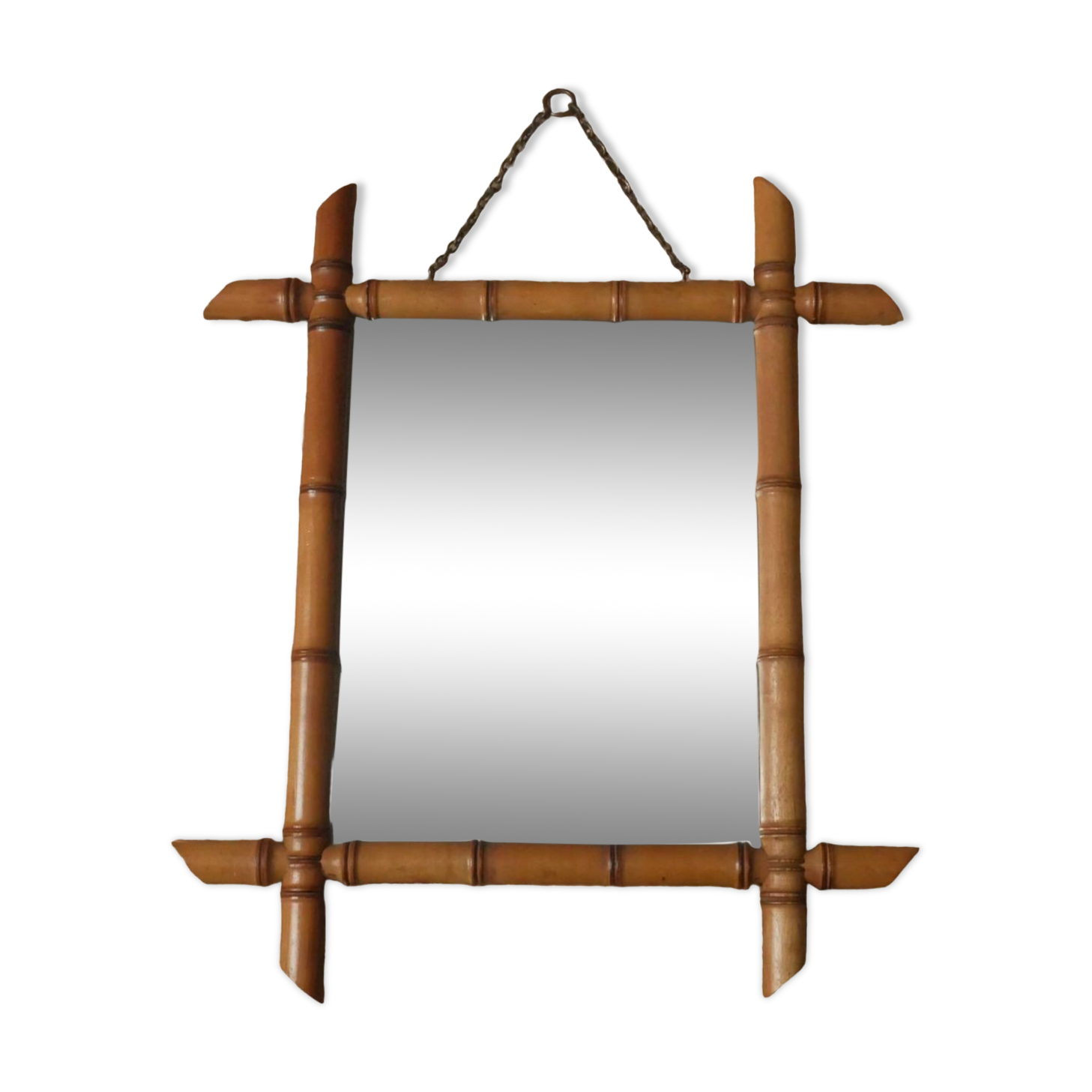 Vintage bamboo wooden mirror with retro bohemian spirit