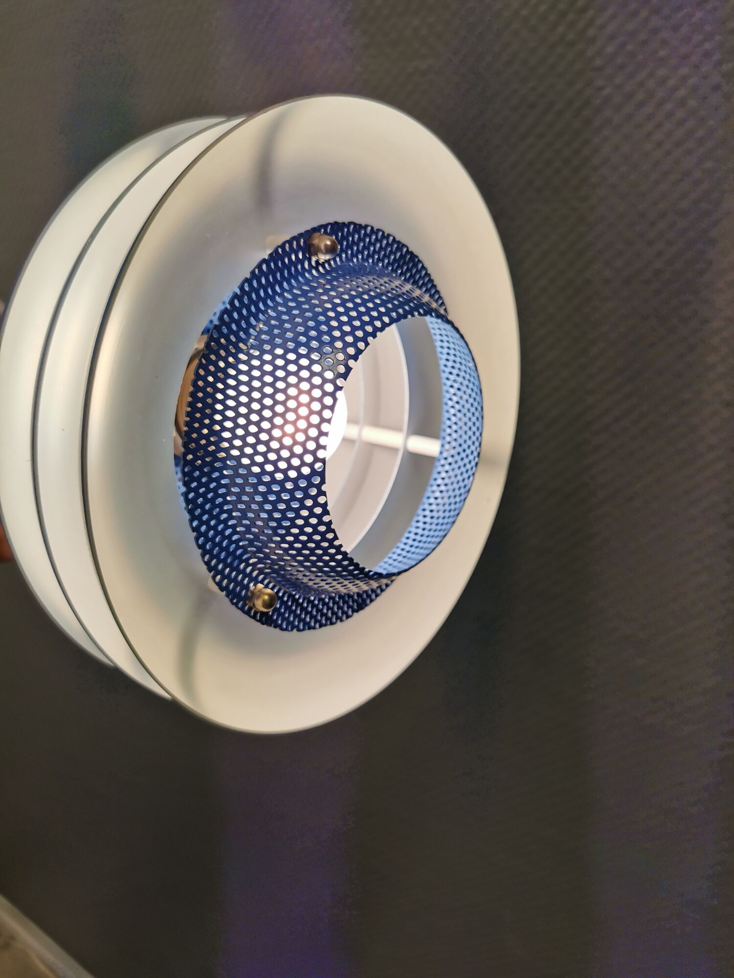 Blue lacquered metal lamp, with several layers of shades, Danish from the 80s.