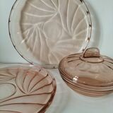 Orange-pink pressed glass trio