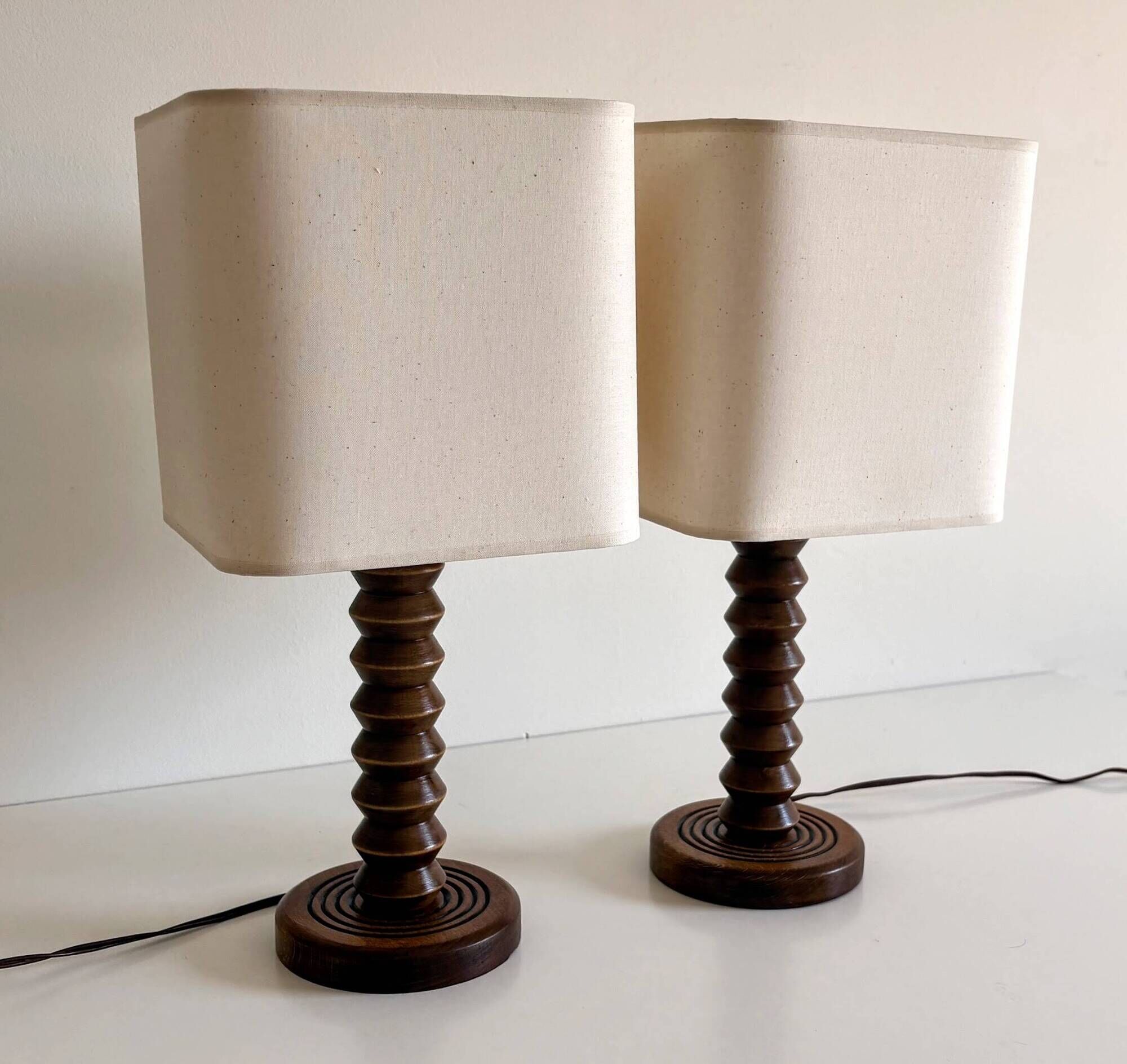 Pair of French Art Deco Wooden Table Lamps Attributed to Charles Dudouyt