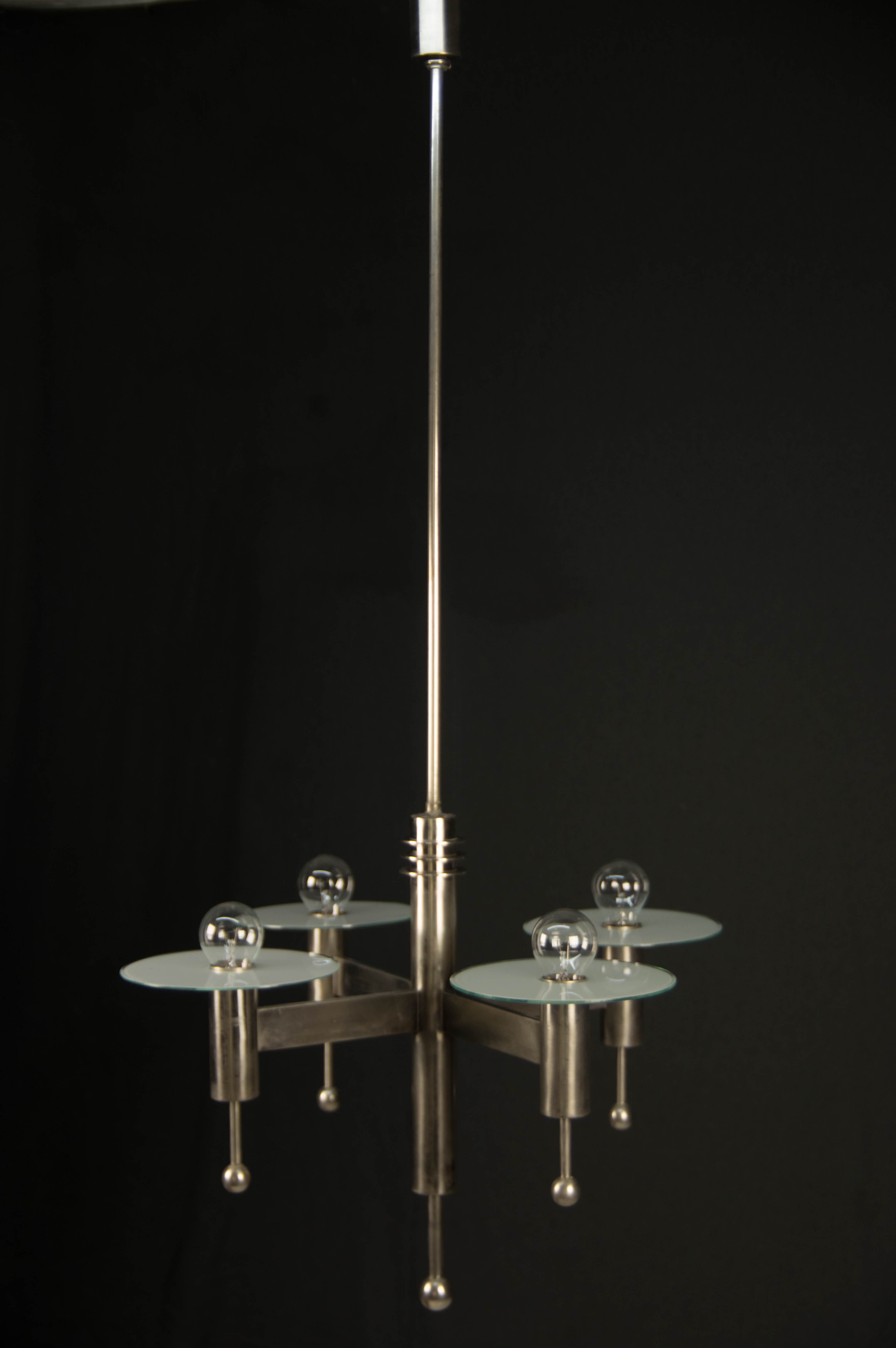Art Deco or Bauhaus Nickel-plated 4-flamming chandelier, 1920s