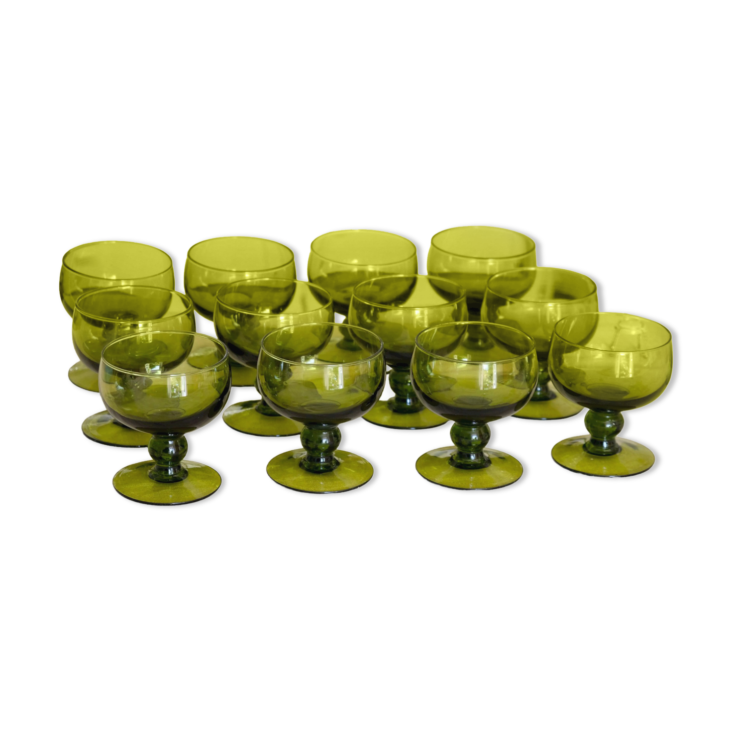 Set of 12 olive green wine glasses, mouth soufflé from the 50s