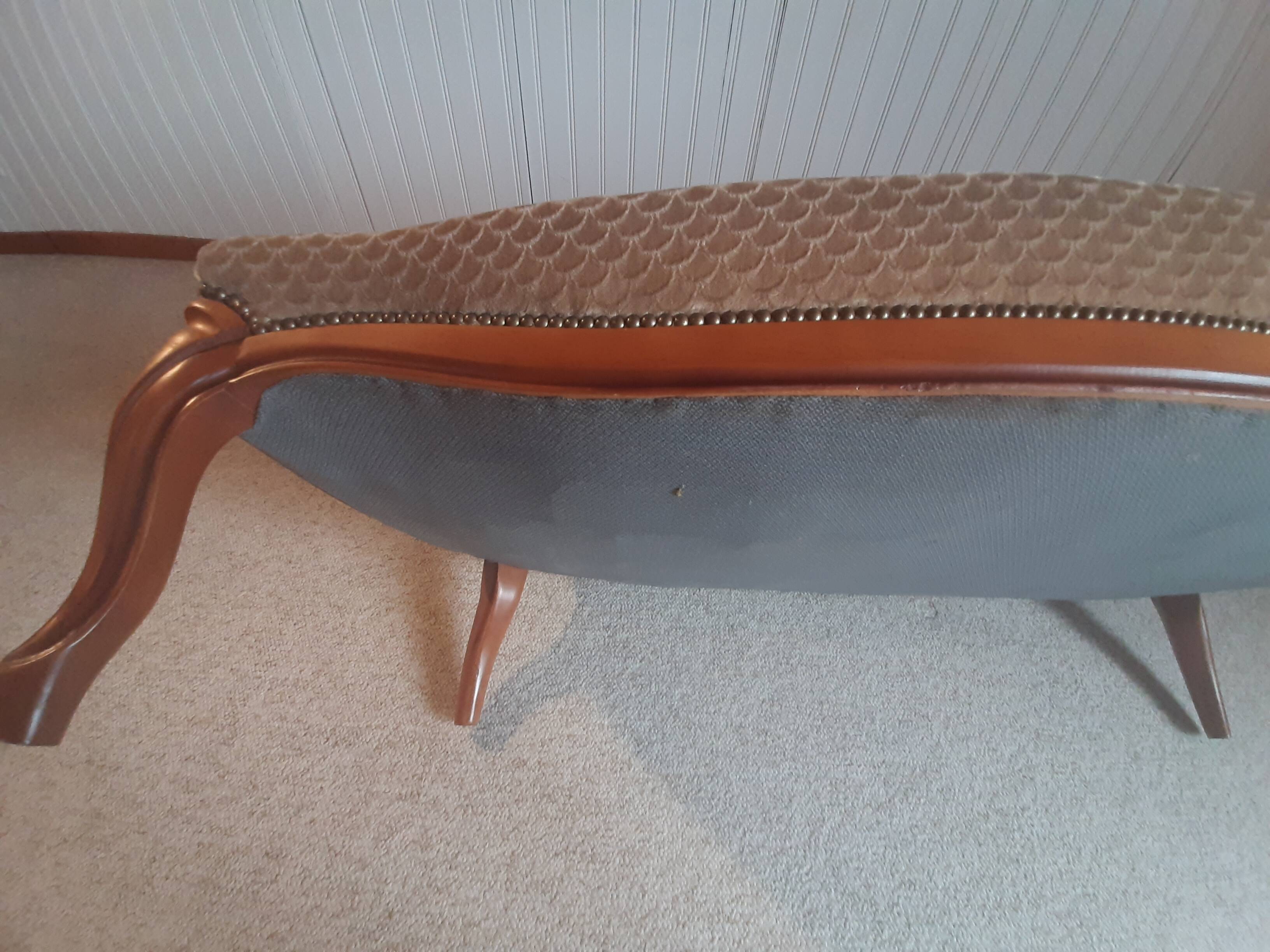 2-seater Louis XV style sofa - arched legs - Art Deco patterned velvet fabric - Beige