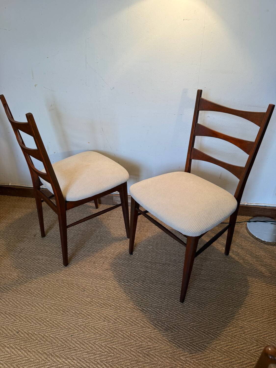 Pair of vintage wood and corduroy chairs