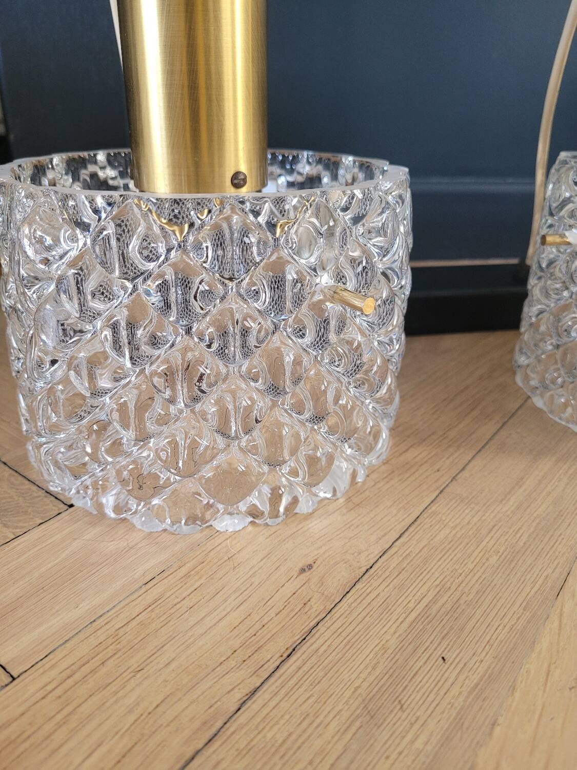 Vintage pendant chandelier in molded glass and brass