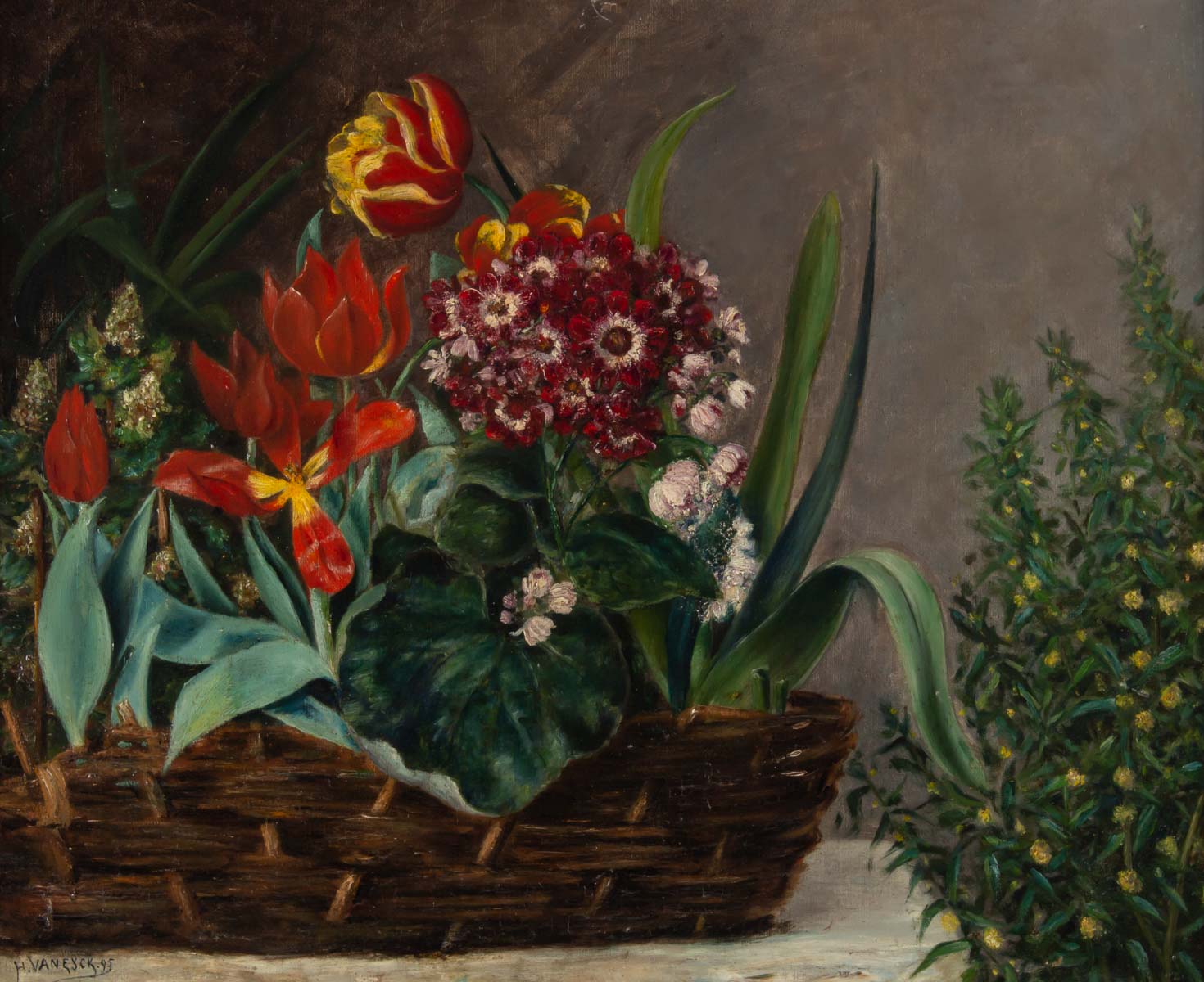 Floral composition in basket by H. Vaneyck- dated 1895